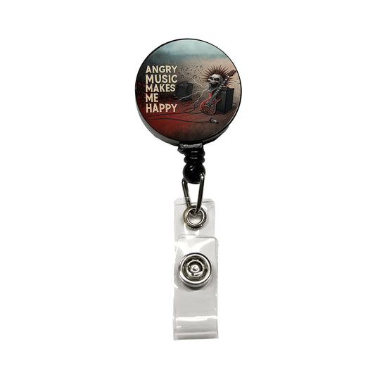 Angry Music Makes Me Happy Heavy Metal Rock and Roll Retractable ID Key Card Name Tag Badge Holder with Clip