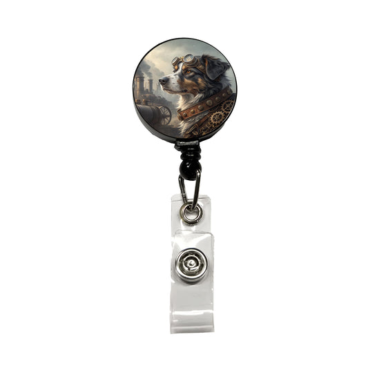 Australian Shepherd Dog Steampunk Retractable ID Key Card Name Tag Badge Holder with Clip