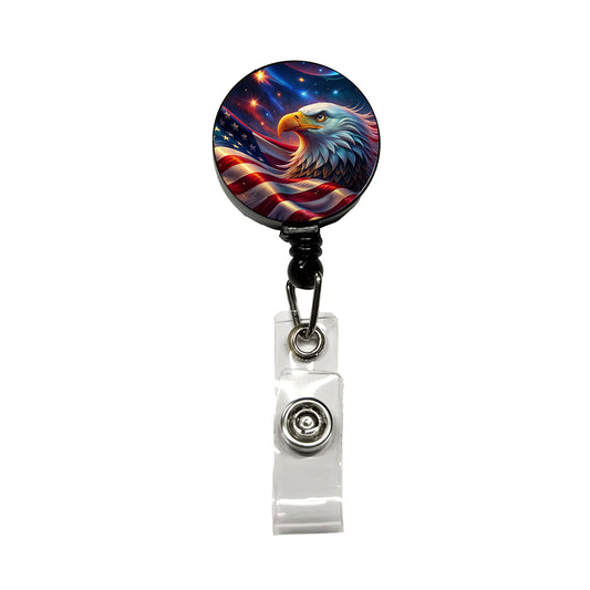 Awesome Patriotic American Flag and Bald Eagle Retractable ID Key Card Name Tag Badge Holder with Clip