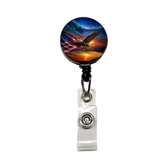 Awesome Patriotic American Flag and Flying Bald Eagle Retractable ID Key Card Name Tag Badge Holder with Clip