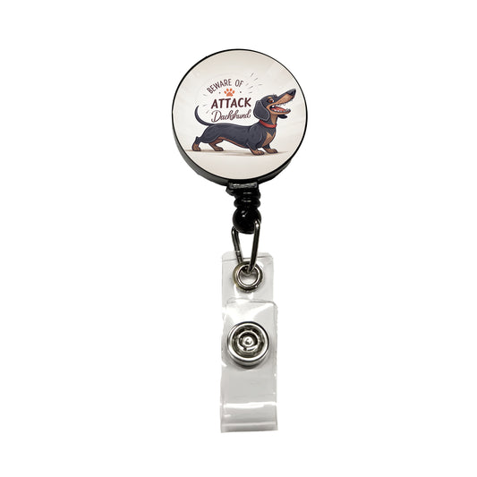 Beware Of Attack Dachshund Dog Funny Retractable ID Key Card Name Tag Badge Holder with Clip