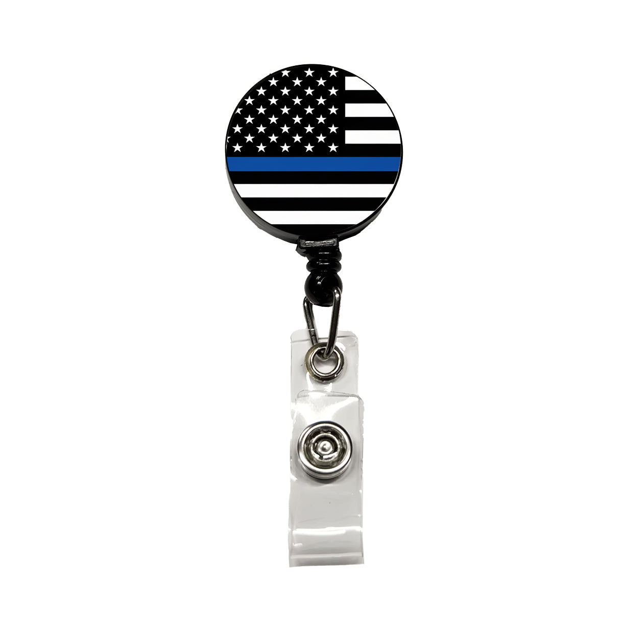 Black and White Thin Blue Line Police American Flag Retractable ID Key Card Name Tag Badge Holder with Clip
