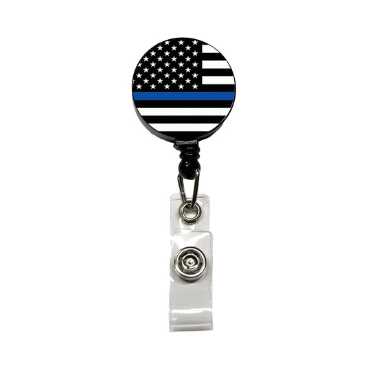 Black and White Thin Blue Line Police American Flag Retractable ID Key Card Name Tag Badge Holder with Clip