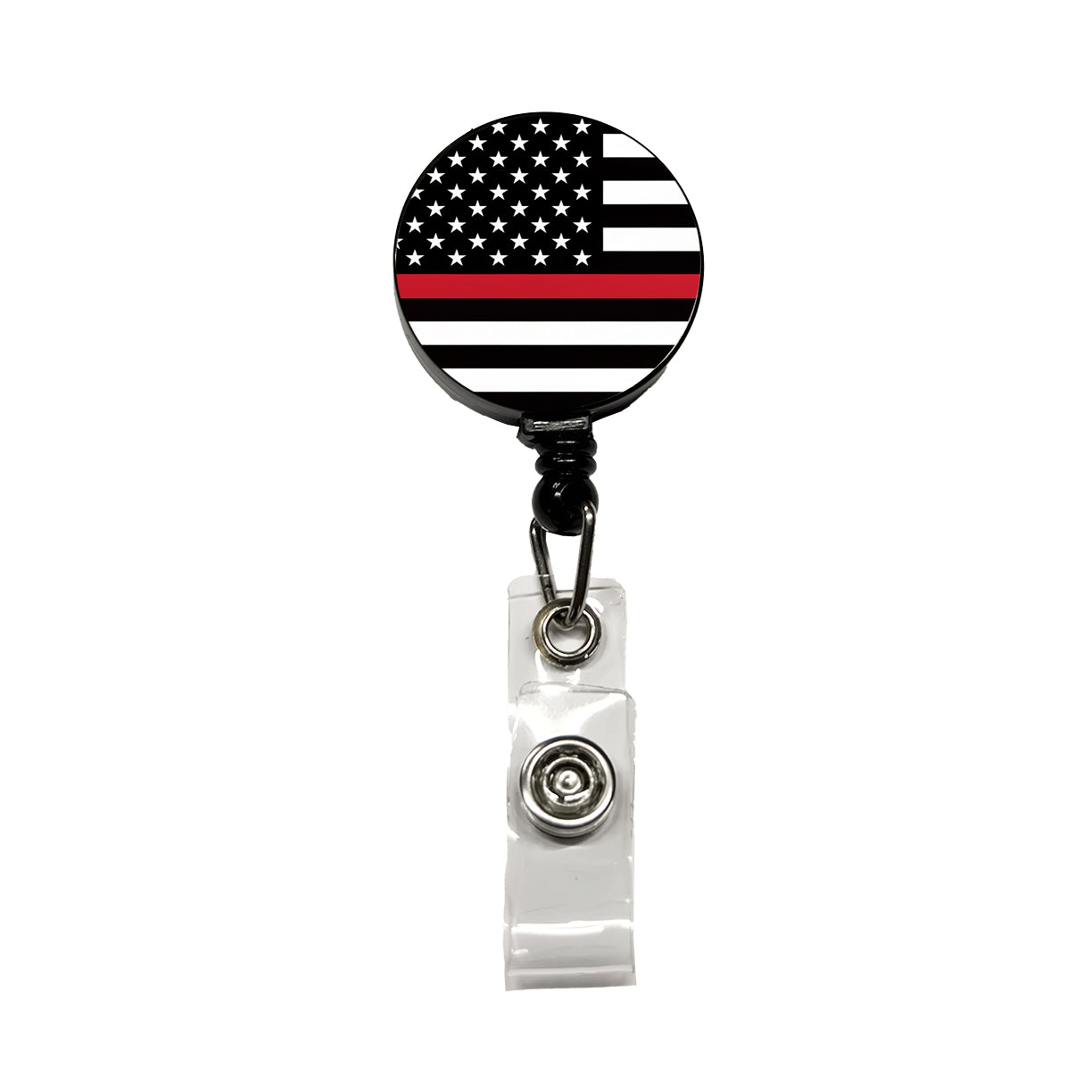 Black and White Thin Red Line Firefighter American Flag Retractable ID Key Card Name Tag Badge Holder with Clip