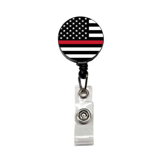 Black and White Thin Red Line Firefighter American Flag Retractable ID Key Card Name Tag Badge Holder with Clip