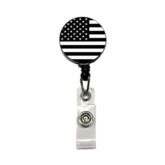 Black and White United States US American Flag Retractable ID Key Card Name Tag Badge Holder with Clip