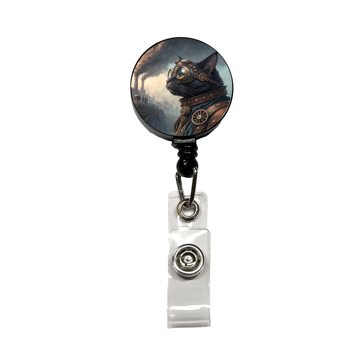 Black Cat Steampunk Retractable ID Key Card Name Tag Badge Holder with Clip
