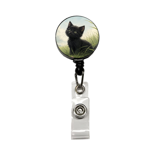 Black Kitten Cat in Field Retractable ID Key Card Name Tag Badge Holder with Clip