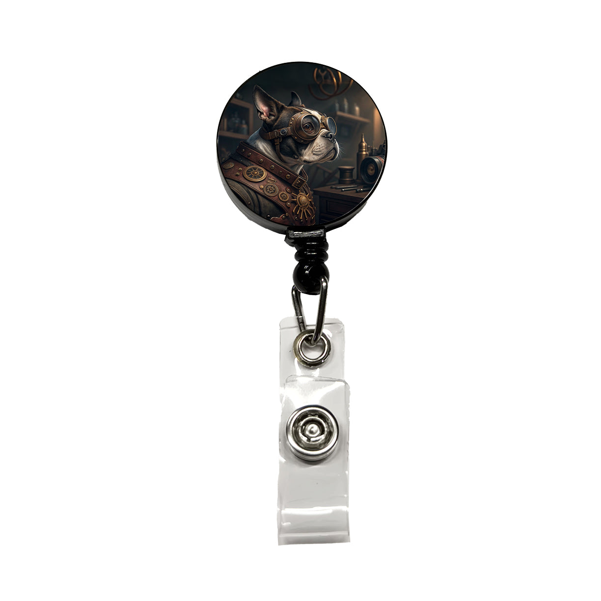 Boston Terrier Dog Steampunk Retractable ID Key Card Name Tag Badge Holder with Clip