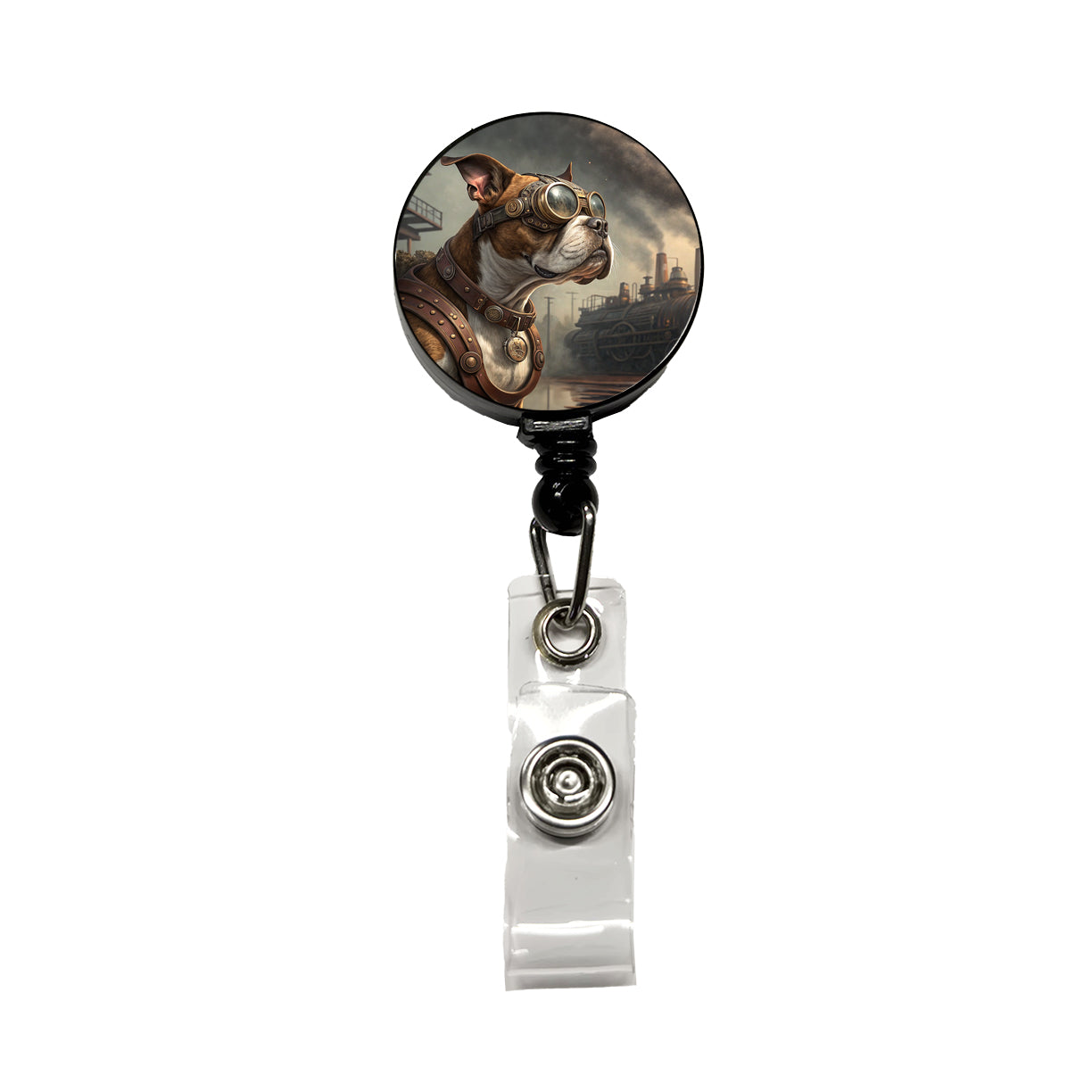 Boxer Dog Steampunk Retractable ID Key Card Name Tag Badge Holder with Clip