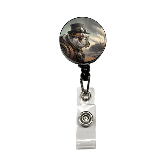 Bulldog Dog Steampunk Retractable ID Key Card Name Tag Badge Holder with Clip