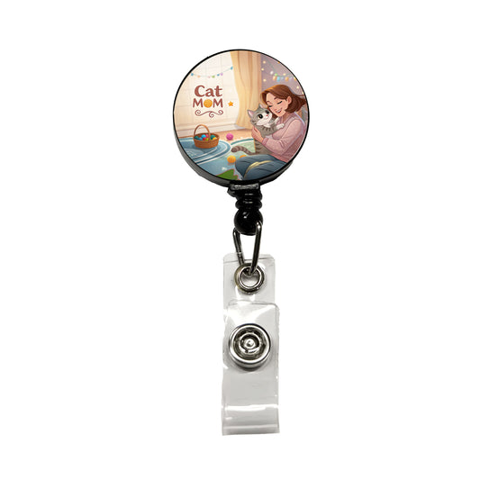 Cat Mom Cartoon Retractable ID Key Card Name Tag Badge Holder with Clip