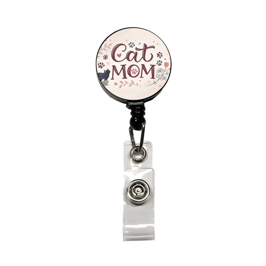 Cat Mom Floral Paw Prints Retractable ID Key Card Name Tag Badge Holder with Clip
