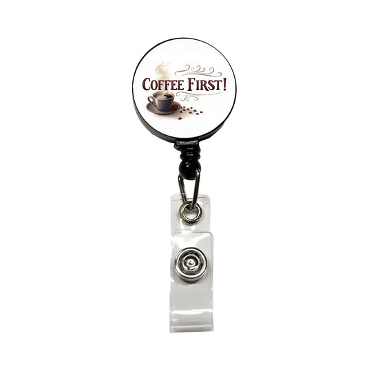 Coffee First Funny Saying Retractable ID Key Card Name Tag Badge Holder with Clip