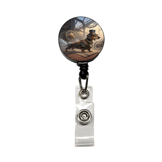 Dachshund Wiener Dog Steampunk Retractable ID Key Card Name Tag Badge Holder with Clip