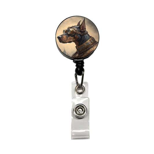 Doberman Pinscher Dog Steampunk Retractable ID Key Card Name Tag Badge Holder with Clip