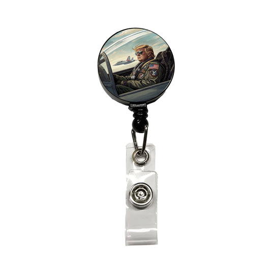 Donald Trump In Jet Fighter Funny Patriotic Retractable ID Key Card Name Tag Badge Holder with Clip