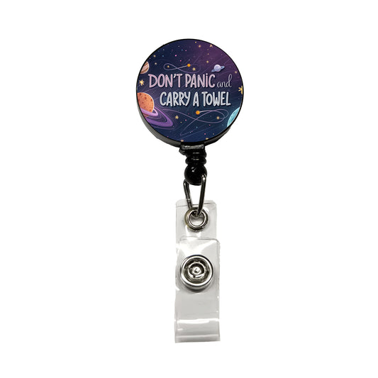 Don't Panic And Carry A Towel Funny Sci-Fi Retractable ID Key Card Name Tag Badge Holder with Clip