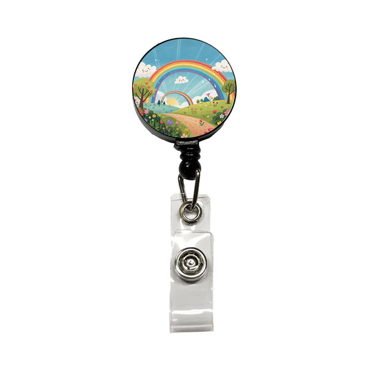 Double Rainbow Cartoon Illustration Retractable ID Key Card Name Tag Badge Holder with Clip