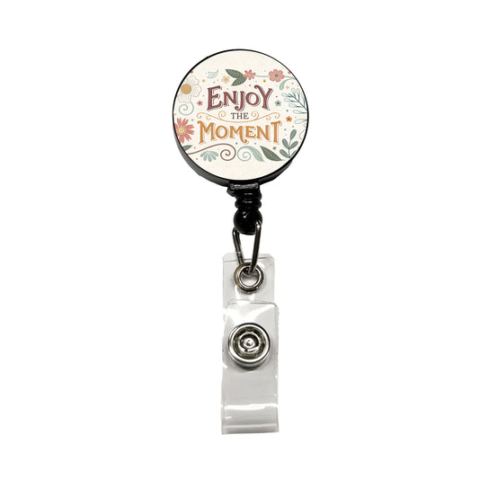 Enjoy The Moment Retro Floral Inspirational Retractable ID Key Card Name Tag Badge Holder with Clip