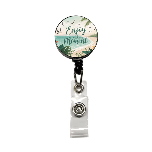 Enjoy The Moment Tropical Beach Inspirational Retractable ID Key Card Name Tag Badge Holder with Clip