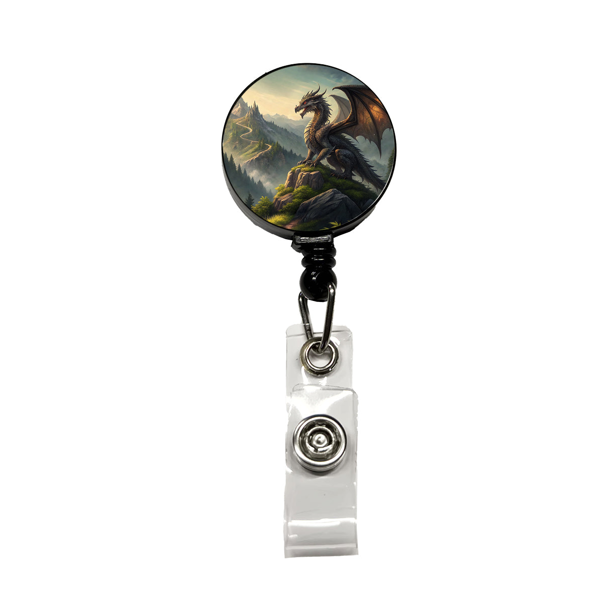 Fantasy Dragon on Mountain Illustration Retractable ID Key Card Name Tag Badge Holder with Clip