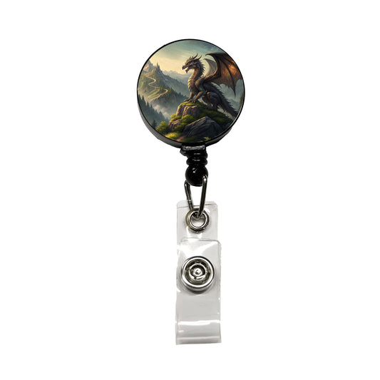Fantasy Dragon on Mountain Illustration Retractable ID Key Card Name Tag Badge Holder with Clip