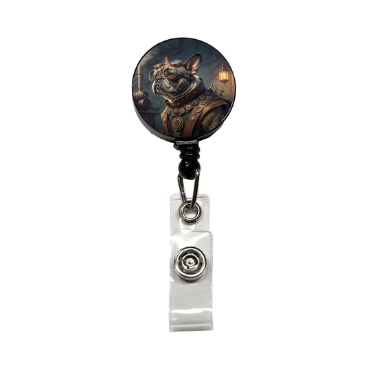 French Bulldog Dog Steampunk Retractable ID Key Card Name Tag Badge Holder with Clip