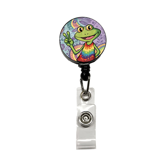 Frog Giving Peace Sign Hippie Tie Dye Retractable ID Key Card Name Tag Badge Holder with Clip