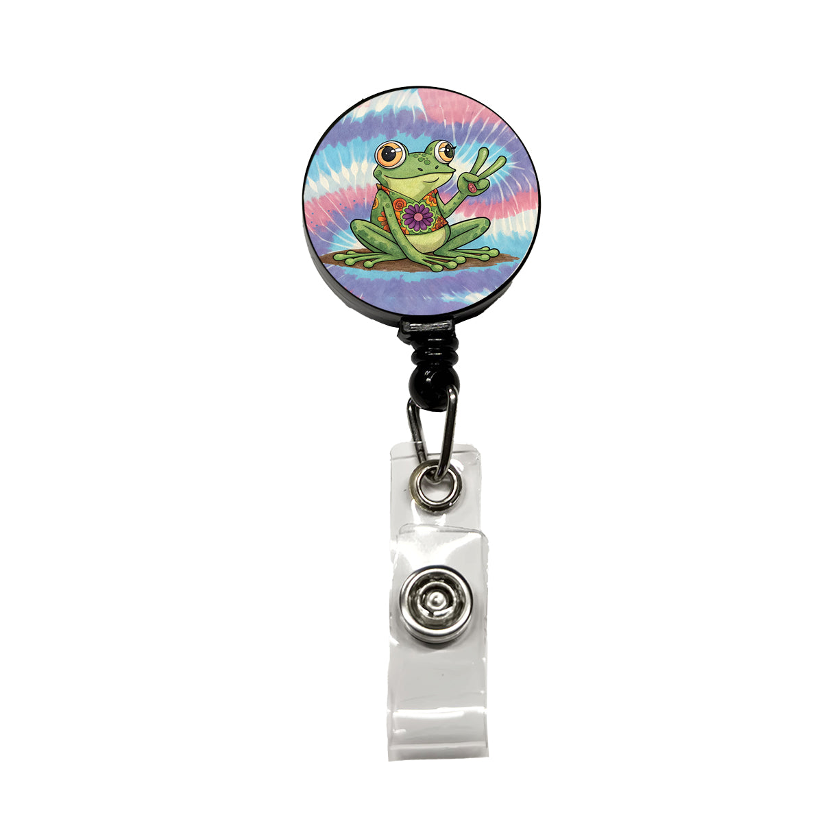 Frog Giving Peace Sign Tie-Dye Cartoon Retractable ID Key Card Name Tag Badge Holder with Clip
