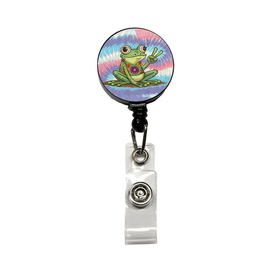 Frog Giving Peace Sign Tie-Dye Cartoon Retractable ID Key Card Name Tag Badge Holder with Clip
