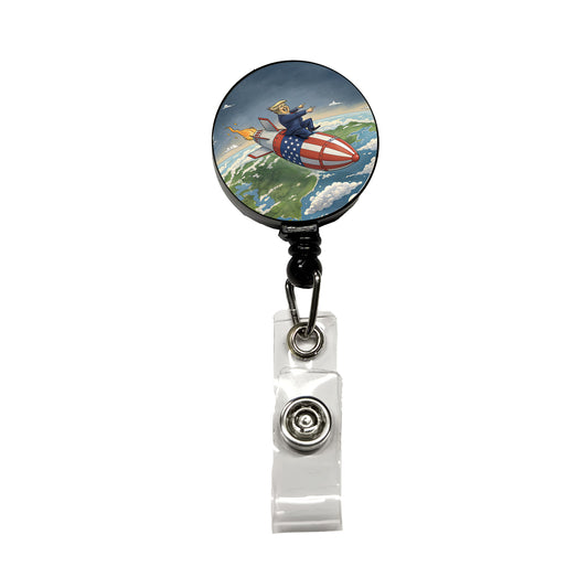 Funny Donald Trump Riding American Flag Missile Retractable ID Key Card Name Tag Badge Holder with Clip