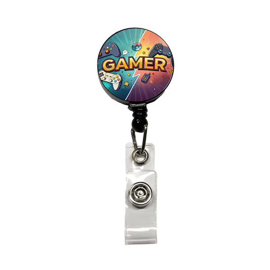 Gamer Retro Gaming Controllers Illustration Retractable ID Key Card Name Tag Badge Holder with Clip