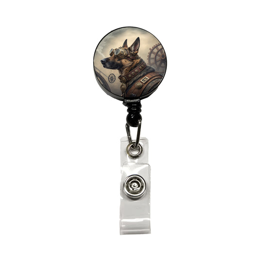 German Shepherd Dog Steampunk Retractable ID Key Card Name Tag Badge Holder with Clip