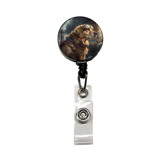 Golden Retriever Dog Steampunk Retractable ID Key Card Name Tag Badge Holder with Clip