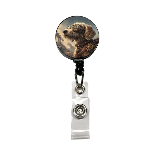 Goldendoodle Dog Steampunk Retractable ID Key Card Name Tag Badge Holder with Clip