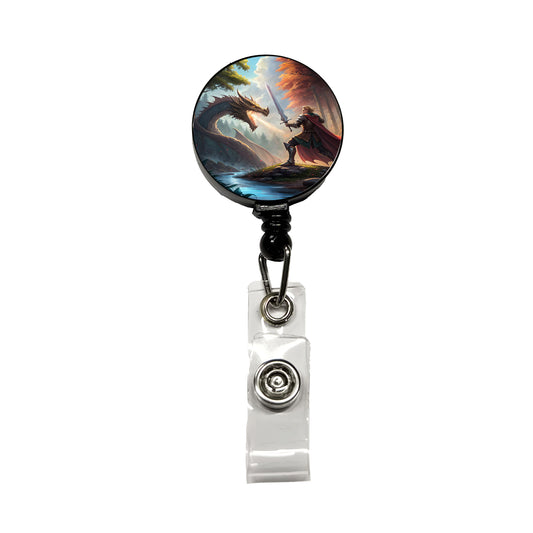 Knight Dragon Slayer Illustration Retractable ID Key Card Name Tag Badge Holder with Clip