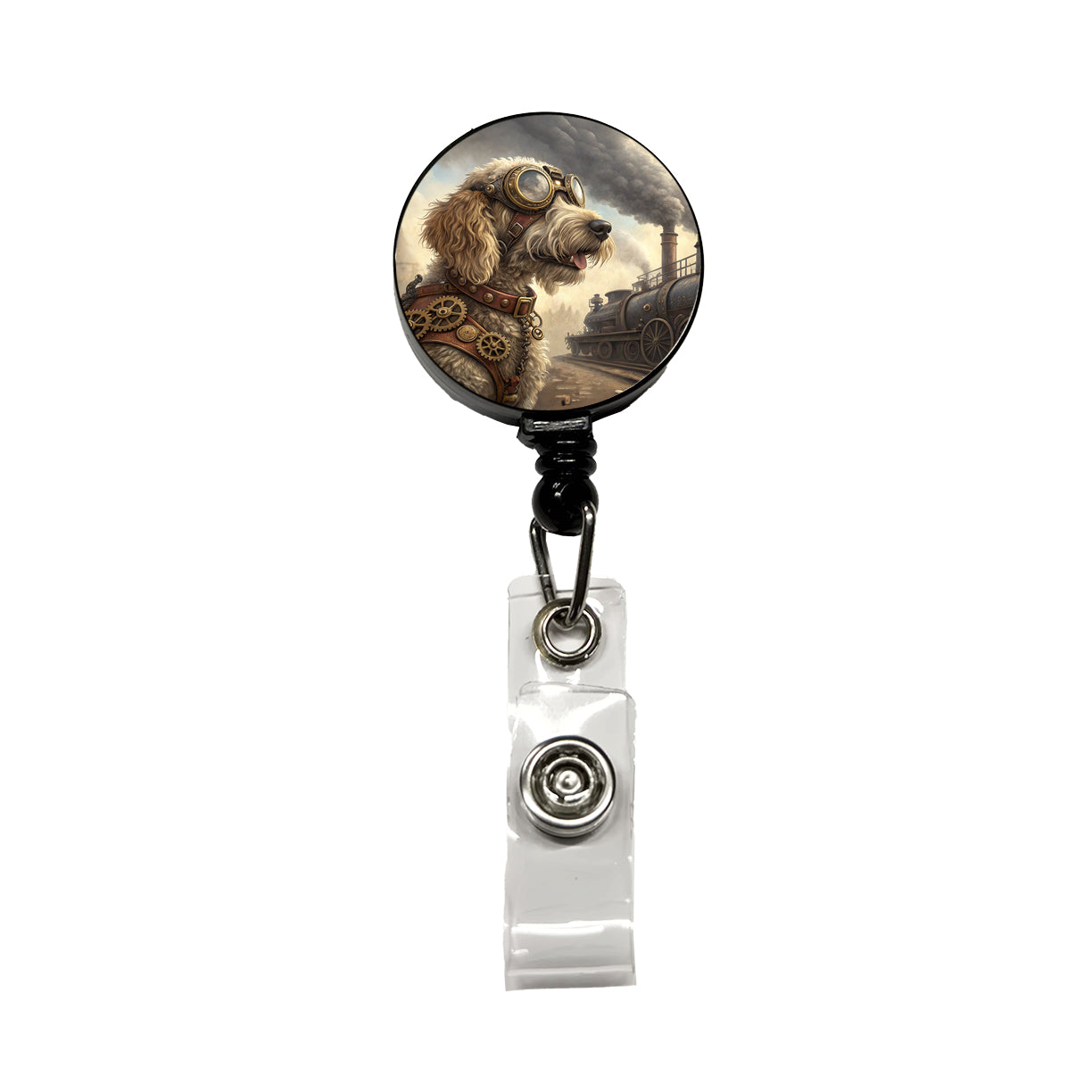 Labradoodle Dog Steampunk Retractable ID Key Card Name Tag Badge Holder with Clip