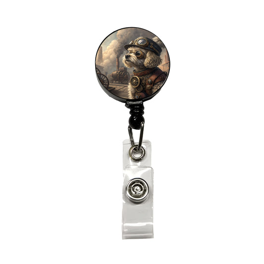 Maltipoo Dog Steampunk Retractable ID Key Card Name Tag Badge Holder with Clip