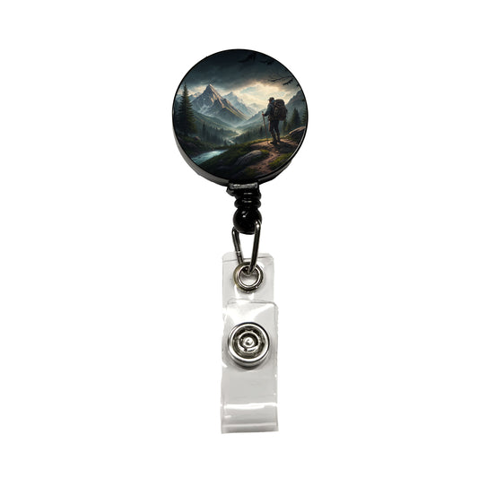 Man Hiking In The Mountains Retractable ID Key Card Name Tag Badge Holder with Clip