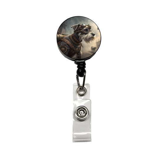 Miniature Schnauzer Dog Steampunk Retractable ID Key Card Name Tag Badge Holder with Clip