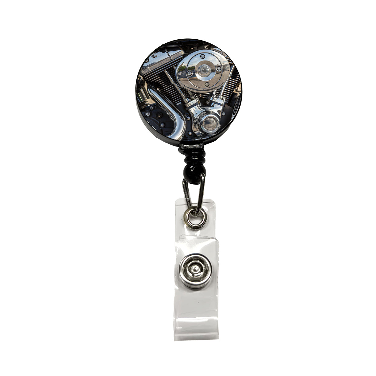 Motorcycle Chrome Engine Close-up Retractable ID Key Card Name Tag Badge Holder with Clip