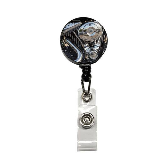 Motorcycle Chrome Engine Close-up Retractable ID Key Card Name Tag Badge Holder with Clip