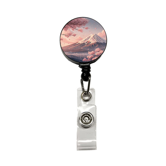 Mount Fuji Blooming Sakura Trees Japanese Illustration Retractable ID Key Card Name Tag Badge Holder with Clip