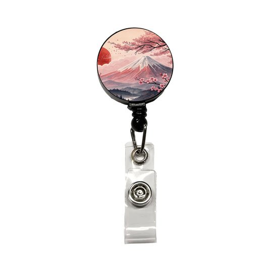 Mount Fuji With Cherry Blossoms Rising Sun Japanese Illustration Retractable ID Key Card Name Tag Badge Holder with Clip