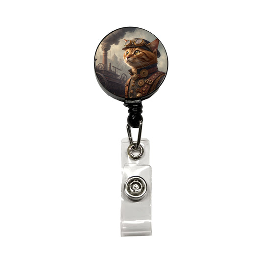 Orange Tabby Cat Steampunk Retractable ID Key Card Name Tag Badge Holder with Clip