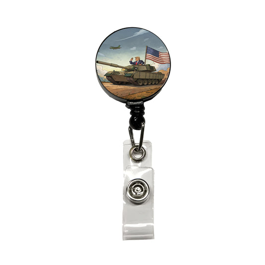 Patriotic Donald Trump Driving M1 Abrams Tank Funny Retractable ID Key Card Name Tag Badge Holder with Clip