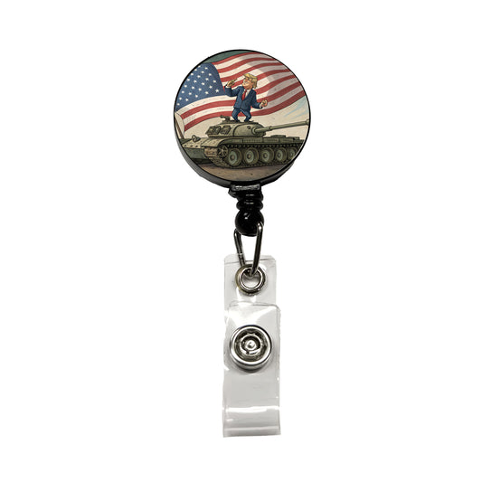 Patriotic Donald Trump Standing On Tank Funny Retractable ID Key Card Name Tag Badge Holder with Clip