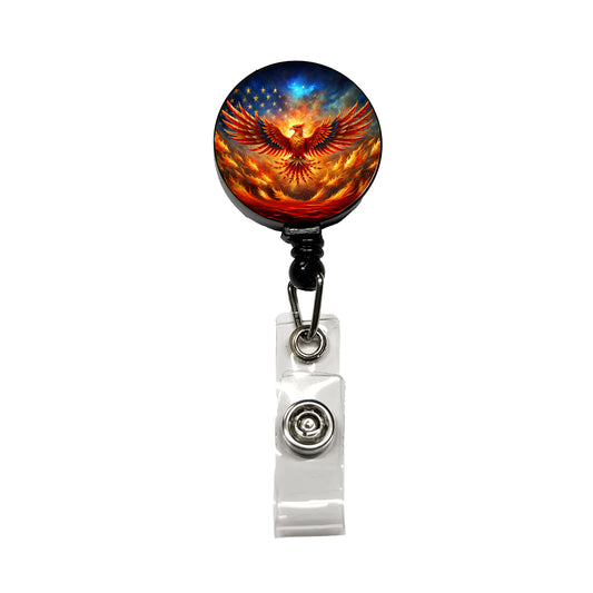Patriotic Phoenix Rising American Flag Retractable ID Key Card Name Tag Badge Holder with Clip