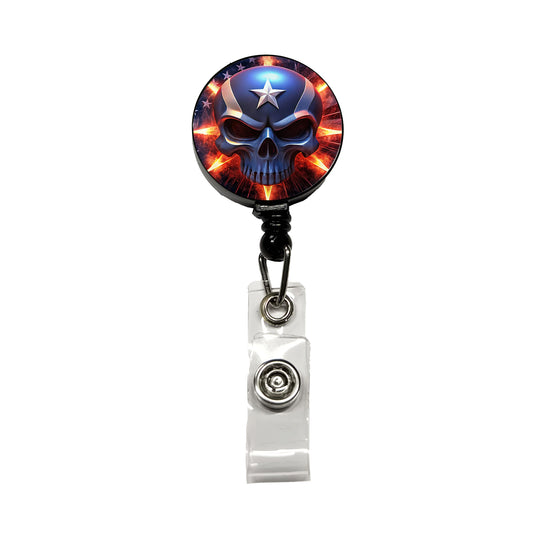 Patriotic Skull And American Flag Retractable ID Key Card Name Tag Badge Holder with Clip
